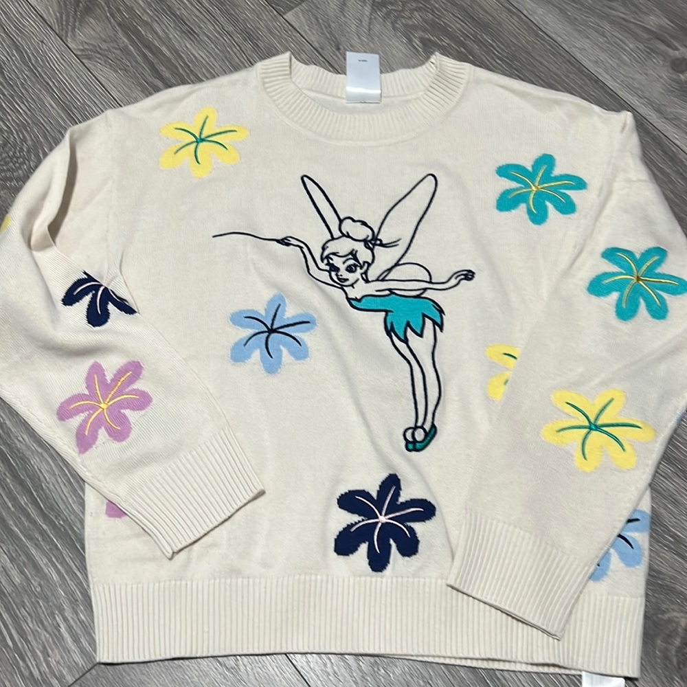 🌶️ NWOT Disney Cream Sweater with Tinkerbell and Floral Accents. Size S